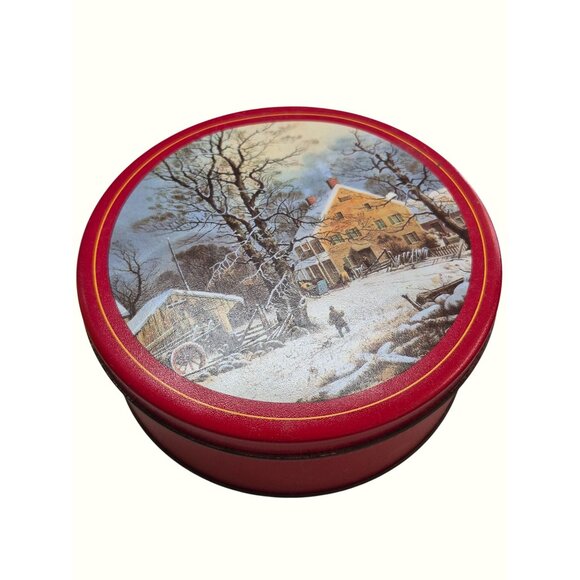 Vintage Round Red Tin Box With Winter Village Scene Lid Metal Storage Container - Picture 1 of 7
